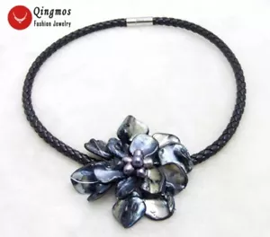 70mm Shell Flower Baroque Black Pearl Pendant Necklace for Women Chokers 18'' - Picture 1 of 6