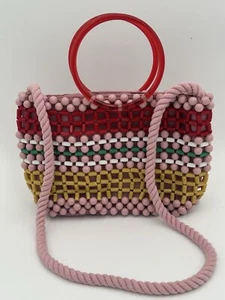 Zara Kids Rosa Rot Perlen Stoff Handtasche Umhängetasche Rundgriff Kokette - Bild 1 von 11