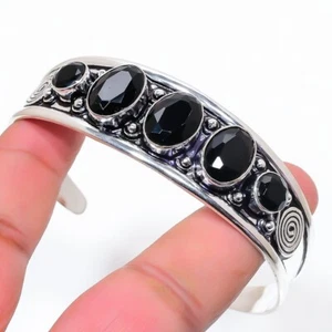 Black Spinel Gemstone 925 Sterling Silver Jewelry Adjustable Cuff Bracelet - Picture 1 of 1