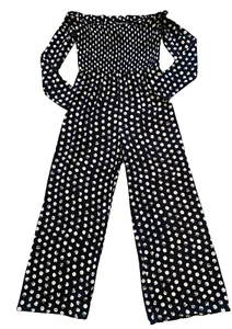 Art Class girls smocked off shoulder black polka dot wide leg jumpsuit S(6/6x) - Picture 1 of 3
