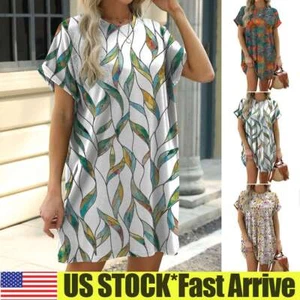 Women Summer Floral Dress Short Sleeve Midi Dress Casual Pleated Holiday Dress - Picture 1 of 17