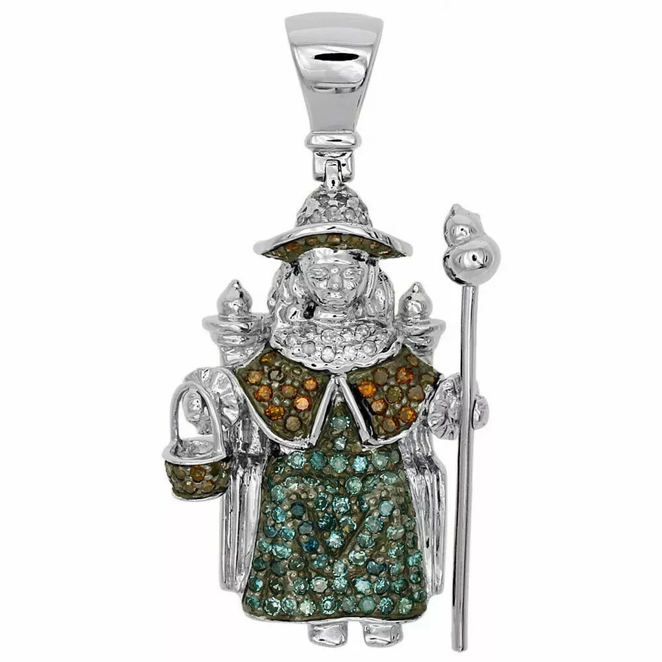 14K White Gold Fn Red Blue Diamond Santo Nino De Atocha Pendant 1.30" Charm 2 CT - Image 1 of 3