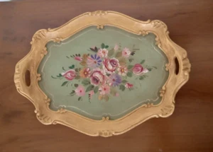 Vassoio Vintage Stile Firenze Legno Motivo Floreale Dipinto a Mano - Foto 1 di 9