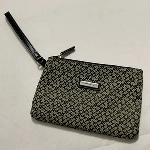 Tommy Hilfiger Travel Cosmetic Makeup Bag Geometric Pattern Silver Logo Beige - Picture 1 of 10