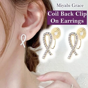 Clip On Earrings Invisible Gold Rhinestone Ribbon Crystal Bow Tie Coil Silicon - Picture 1 of 22