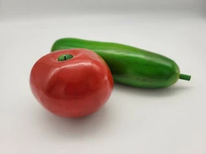 Vintage Decorative Faux Wood Vegetables Cucumber and Tomato - Set of 2 - Picture 1 of 9