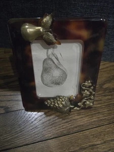 RARE Vintage Faux Tortoise Shell Plastic Photo Frame With Metal Fruits - Picture 1 of 5