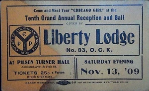 Biglietto Liberty Lodge n. 83 OCK Chicago Girls Stub Pilsen Turner Hall 13/11/1909 - Foto 1 di 2