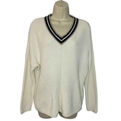 Maje Meteo Ribbed V Neck Sweater Tennis Preppy Cotton Off White Sz 3 Large  - Image 1 of 4