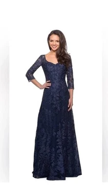 NWT La Femme | 28053 Navy Lace V Neck A line 3/4 Sleeve Dress Gown 6 - Изображение 1 из 4
