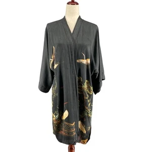Ledamon 100% Seide Kimono Morgenmantel OS schwarz Bäume Kraniche Schmetterlinge Boho ohne Gürtel - Bild 1 von 16