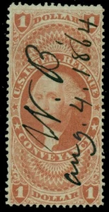 US #R66cv $1.00 Conveyance, Top Frame Line Double variety, used, VF, Scott $60. - Picture 1 of 1