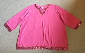 NWOT Womens Sweater-QUACKER FACTORY-pink 100% cotton sequin trim pullover 3/4-3X - Picture 1 of 5