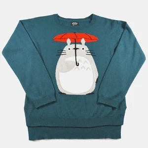 Studio Ghibli Totoro Women's Sweater Medium Teal Green Umbrella Red Anime EUC - Picture 1 of 9