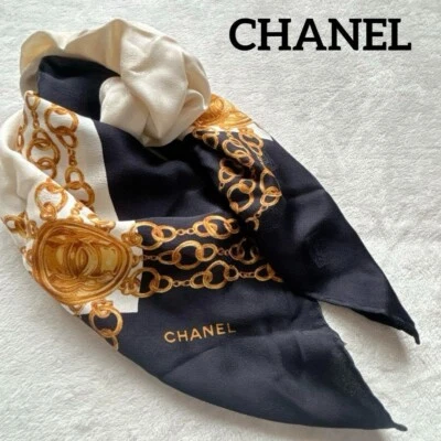 CHANEL scarf chain pattern motif  black ivory 32.2*32.2 inch - Image 1 of 4