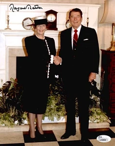 MARGARET THATCHER SIGNED 8x10 PHOTO GREAT POSE WITH RONALD REAGAN JSA - Picture 1 of 1