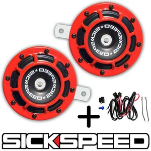 SICKSPEED 2PC RED SUPER LOUD COMPACT ELECTRIC BLAST TONE HORN W HARNESS 12V P21 - Picture 1 of 1