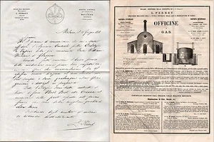 ILLUMINAZIONE A GAS LETTERA AUTOGRAFA DI L.PERRET E MANIFESTO PUBBLICITARIO 1858 - Imagen 1 de 1
