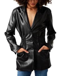 Neu mit Etikett Steve Madden Kunstleder Frida gesmokte Taille Jacke schwarz XL - Bild 1 von 11