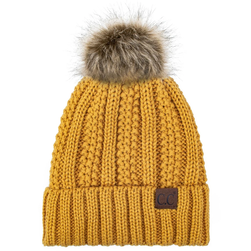 C.C YJ820 - Thick Cable Knit Hat Faux Fur Pom Pom Fleece Lined Cuffed Beanie - Image 1 of 1