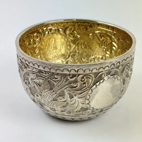 Antique Victorian Solid Silver Embossed Bowl Birds Charles Stuart Harris 8.4cm Cover