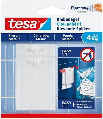 tesa Klebenagel Fliesen und Metall, 2x bis max 4 kg Powerstrips Klebestreifen