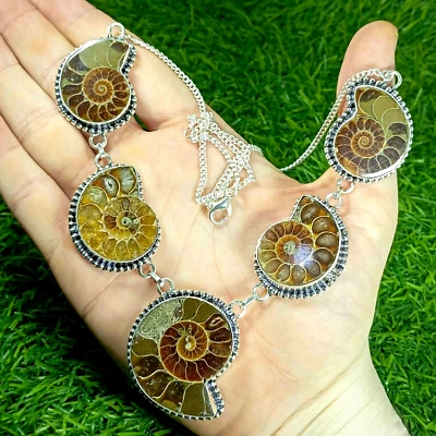 Ammonite Fossil Necklace 925 Sterling Silver Necklace Gemstone Necklace 18" Foto 1 de 3
