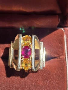 STRIKING BOLD RUBY YELLOW SAPPHIRE 14KT GOLD MODERNIST RING DESIGNER ESTATE - Picture 1 of 7