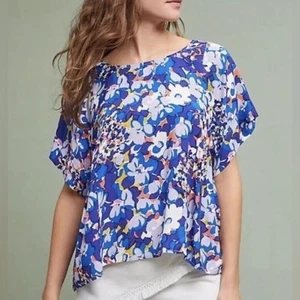 Maeve Anthropologie NWT Blue Motif Milla Short Sleeve Blouse Size XS - Picture 1 of 10