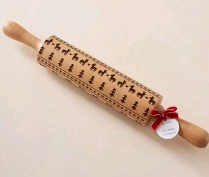 Anthropologie Jolly Folly Christmas Embossed Rolling Pin Vntage Inspired Cookies - Picture 1 of 5