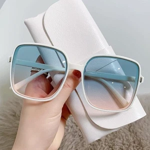 Chic Womens Oversized Square Sunglasses White Blue Pink Gradient Lens NEW - Picture 1 of 3