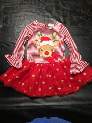 Holiday Dress Girls Size 4 Rudolf  Red Gold Polka Dots - Image 1 of 4