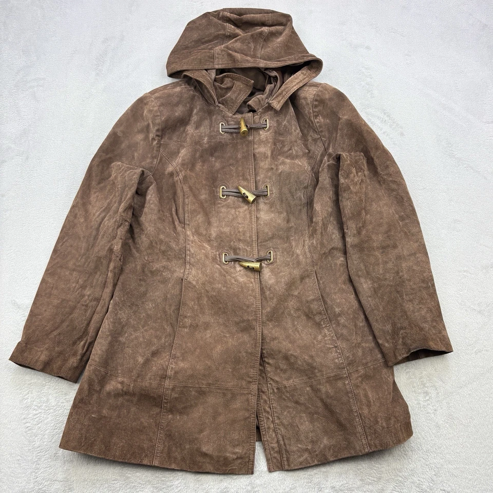 Abrigo de cuero Bradley Bayou vintage para mujer grande marrón gamuza palanca con capucha largo Foto 1 de 4