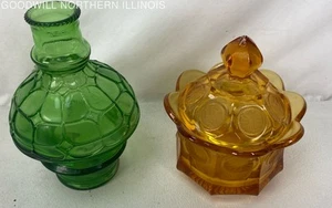 Vintage Amber Coin Glass Covered Candy Dish & Wheaton Emerald Green Glass Vase - Picture 1 of 6