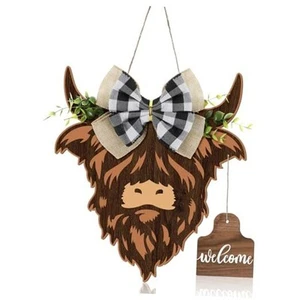 Highland Cow Decor Cow Head Wreath Sign Gifts Wooden Welcome Door Hanger for - Picture 1 of 7