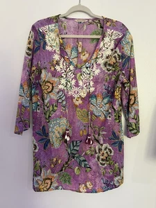 Soft Surroundings Selma Tunic Top Cover-Up Floral Embroidered Puka Tassel XL - Picture 1 of 13