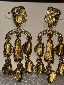VERY BEAUTIFUL PRISTINE NEW EARRINGS GOLD CITRINE COLOR RESIN CRYSTAL CHANDELIER - Picture 1 of 6