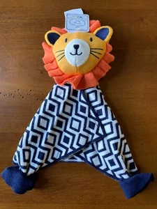 NYGB Lion Security Baby Blanket Lovey Navy Blue Orange Knit Rattle New 12" High - Picture 1 of 7