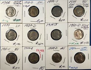 12 Different Jefferson Nickels ~ 1938-1951 ~ Most Higher Grades w/Silver 1944-S