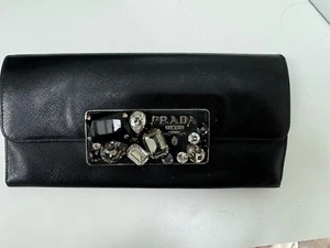 RARE PRADA black saffiano leather bijoux Crystal Jeweled Flap Wallet Large - Picture 1 of 11