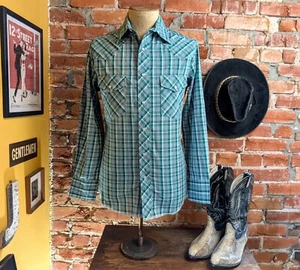 1990s Vintage Wrangler Plaid Western Shirt Men's Blue Green Long Sleeve - SMALL - Picture 1 of 10