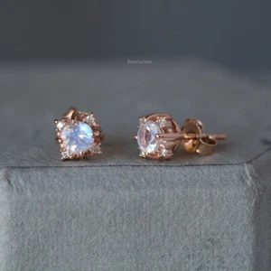 4mm Real Moonstone & Natural Diamond Pave Tiny Stud Earrings Solid 14k Rose Gold - Picture 1 of 10