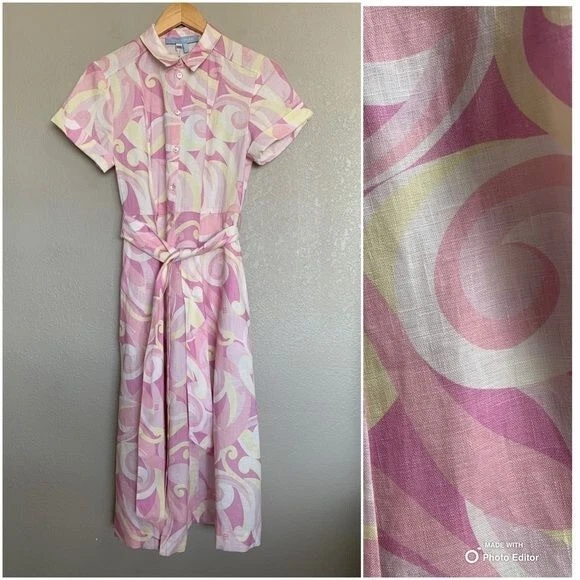 Hill House Pink Linen Midi Dress Size XXS Pockets Pink Lily Print