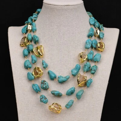 3 Rows Natural Stone Freedom Blue Turquoise Yellow Citrine Gold Plated Necklace - Image 1 of 4