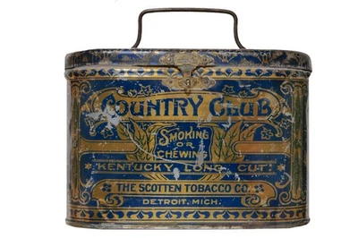 Raro cubo de almuerzo litográfico de la década de 1910 “Country Club” lata de tabaco con bisagras en buen estado Foto 1 de 4