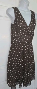 WHITE HOUSE BLACK MARKET brown Chiffon Polka-dot V-neck Faux Wrap Dress 2 - Picture 1 of 8