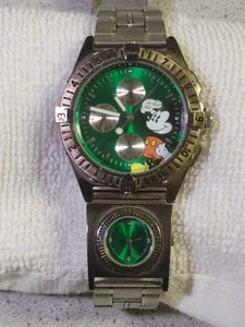 Disney Uhr Pie-eyed Mickey Mouse Uhr Grün Dual Time Face Quarz Selten Herren - Bild 1 von 10