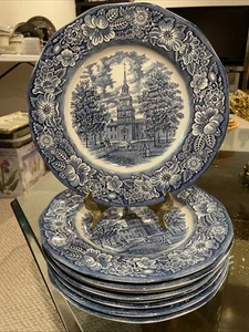 Liberty Blue Staffordshire Ironstone Dinner 9 Plates Independence Hall 9.75” Vnt - Picture 1 of 12
