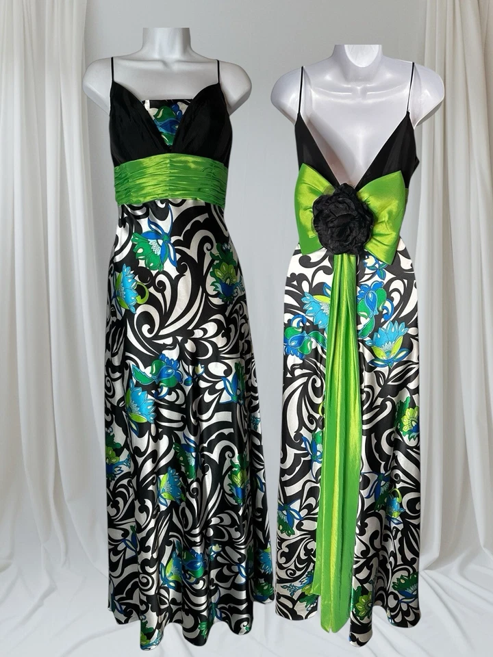 Vestido largo de graduación Jovani Empire cintura faja audaz geométrico floral verde neón Foto 1 de 4