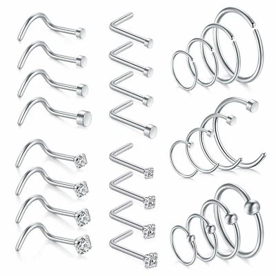 28Pcs 18G Men Women Nose Rings Hoop Surgical Stainless Steel L Shaped Nose Studs - Image 1 of 4